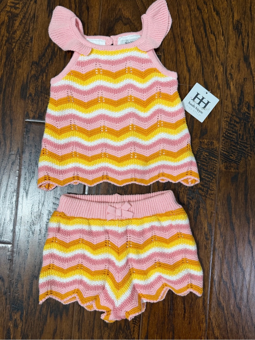 Haute Hippie Pink, Yellow & White Chevron Knit Tank and Shorts Set